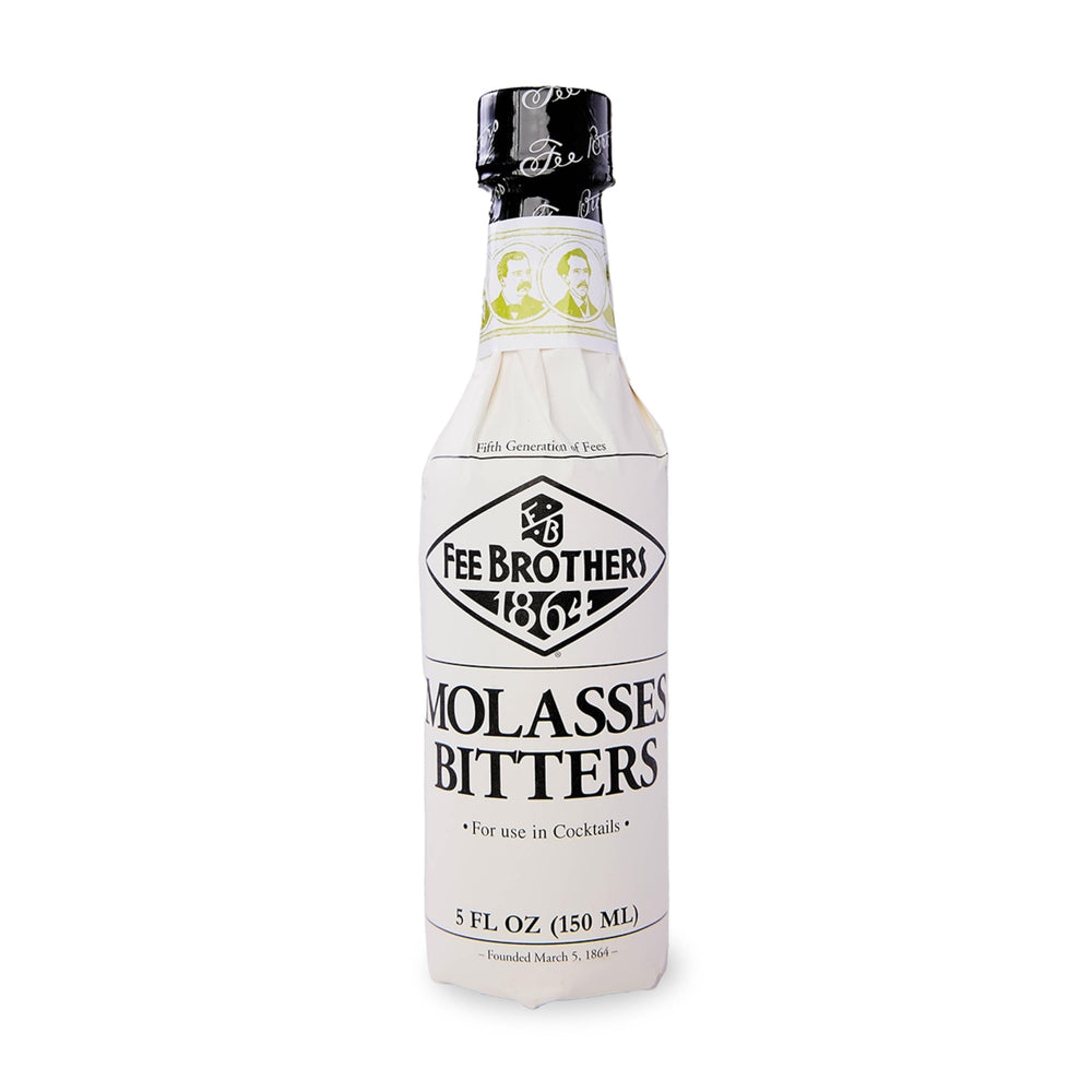 Fee Brothers Molasses Bitters bottle closeup; rich flavor enhancer for cocktails.