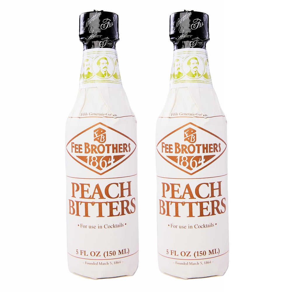 Fee Brothers Peach Cocktail Bitters bottle front, premium flavor for cocktails.