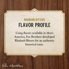 Fee Brothers Rhubarb Bitters bottle label detail emphasizes heritage and quality