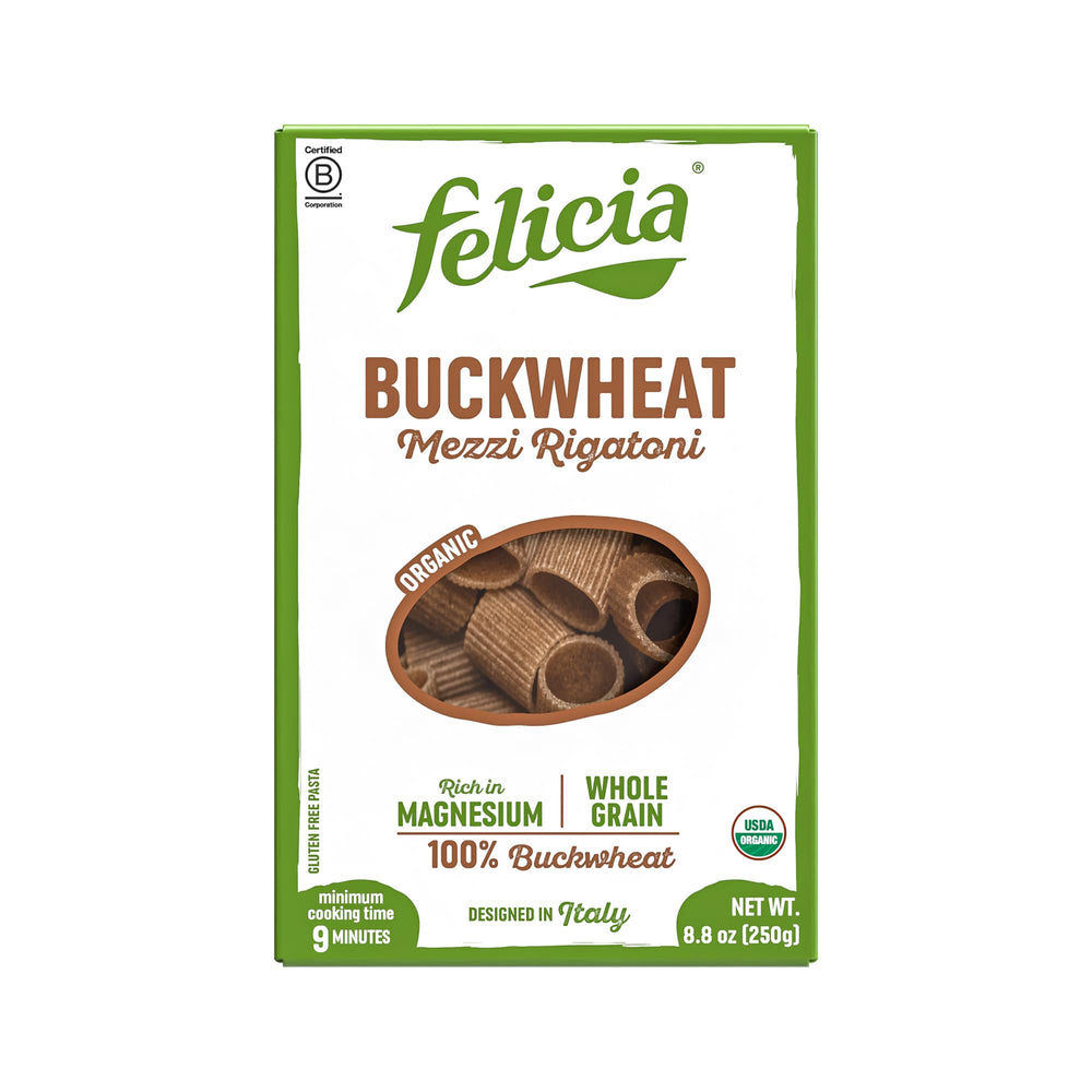 Felicia buckwheat mezzi rigatoni pack front, gluten-free whole grain pasta option for mindful meals.