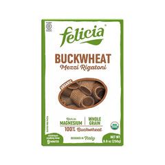 Felicia buckwheat mezzi rigatoni pack front, gluten-free whole grain pasta option for mindful meals.