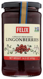 Felix Lingonberry Preserves jar front, adding bright breakfast flavor.