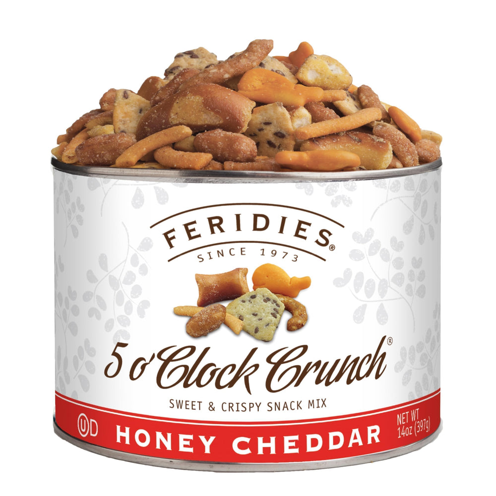 FERIDIES Five O'clock Crunch Honey Cheddar can front view, convenient protein-rich snack.