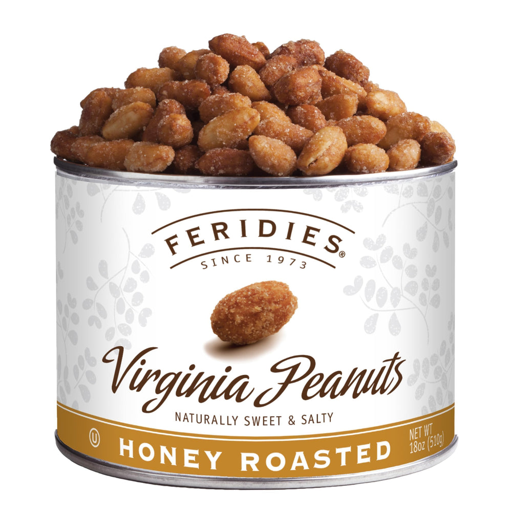 FERIDIES honey roasted peanuts in vacuum can close-up, premium snacking and freshness.