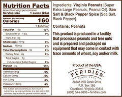 FERIDIES Salt and Pepper Peanuts label close-up showcases high-quality ingredients for a premium snack.
