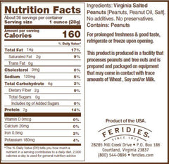 Feridies Virginia large peanuts cooked in peanut oil for rich flavor and crunch.