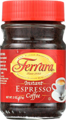 Ferrara front packaging showing three 2 oz espresso jars and bold branding for convenience