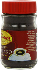 Close-up of Ferrara Instant Espresso Coffee jar label highlighting origin blend.