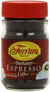 Ferrara Instant Espresso Coffee jar on counter for quick café-style shots.