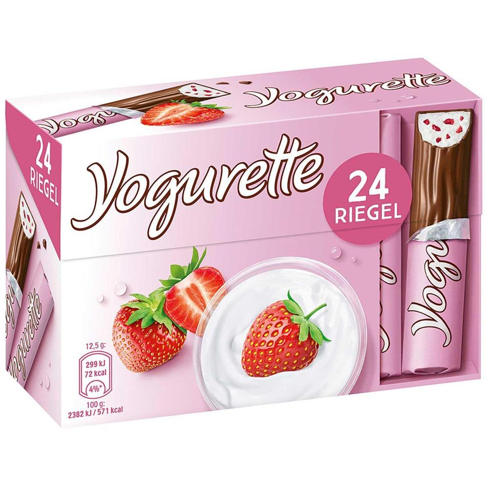 Ferrero Yogurette 24-piece pack on shelf, creamy yogurt strawberry filling for a sweet break