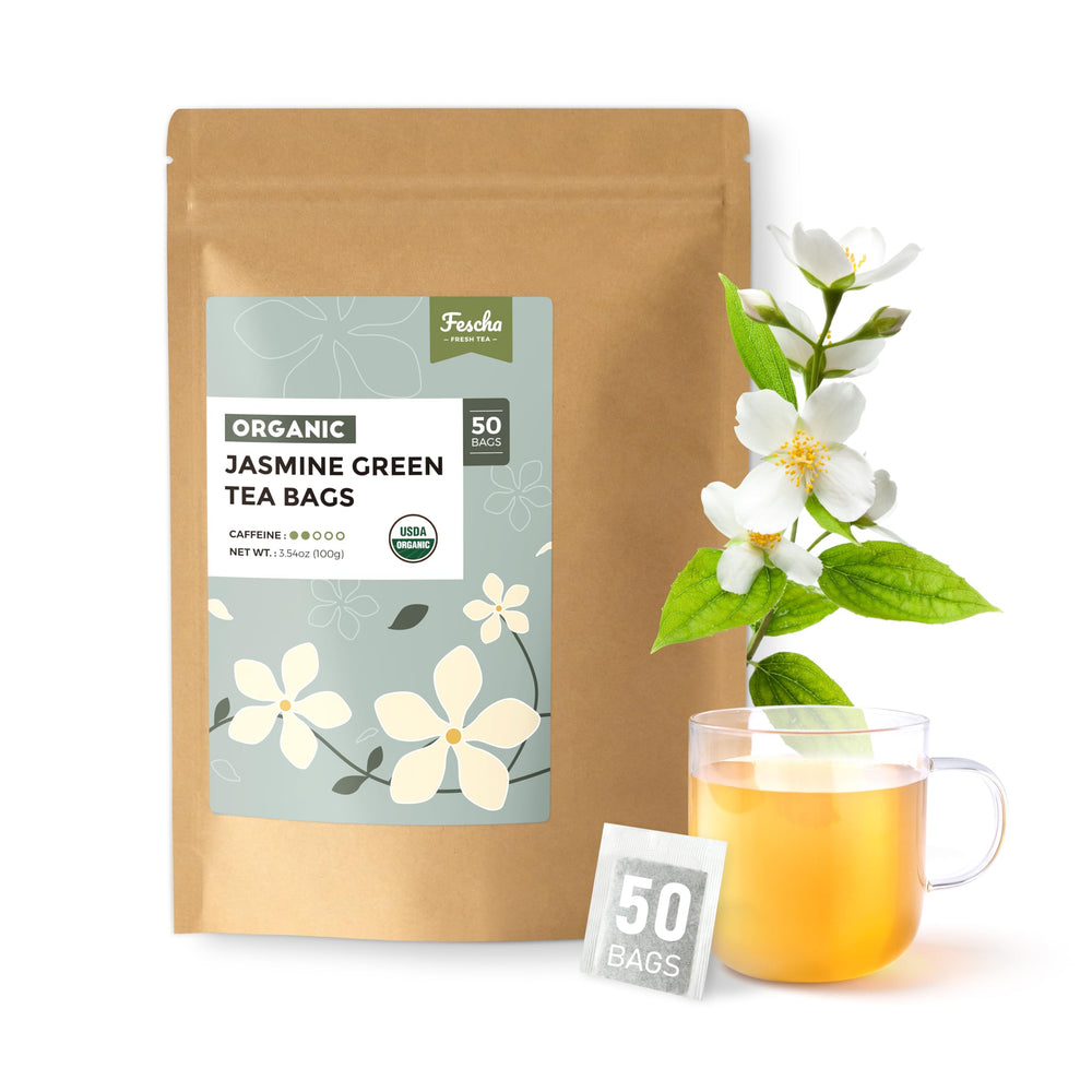 Fescha Organic Jasmine Green Tea bags with calming aroma for a ritual