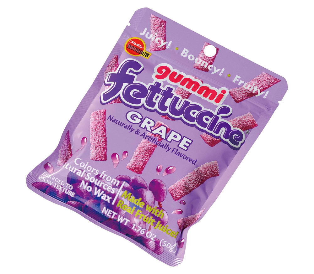 Fettuccine Gummi grape candy pack highlights pasta-inspired shape for playful snacking.