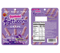 Grape gummy strip closeup reveals soft chew with a glossy, fruity finish.
