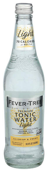 Fever-Tree tonic water bottle close-up highlighting crisp, natural ingredients.