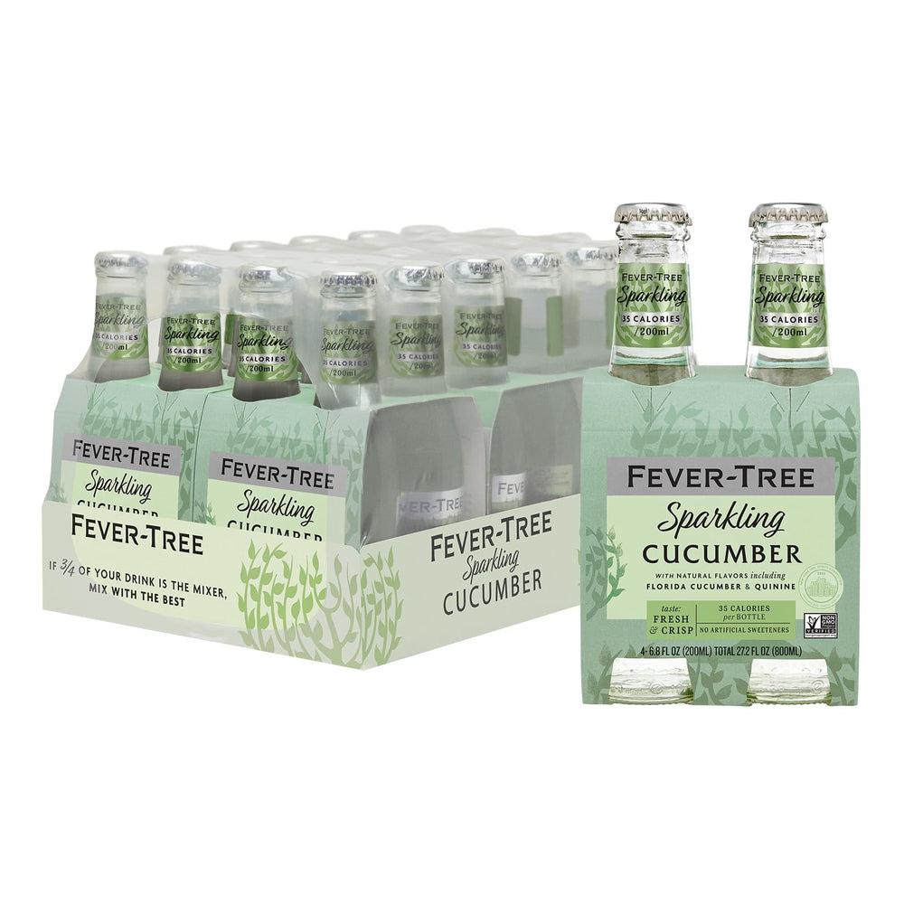 Fever-Tree Sparkling Cucumber bottle showcases crisp cucumber flavor for cocktails and mocktails.