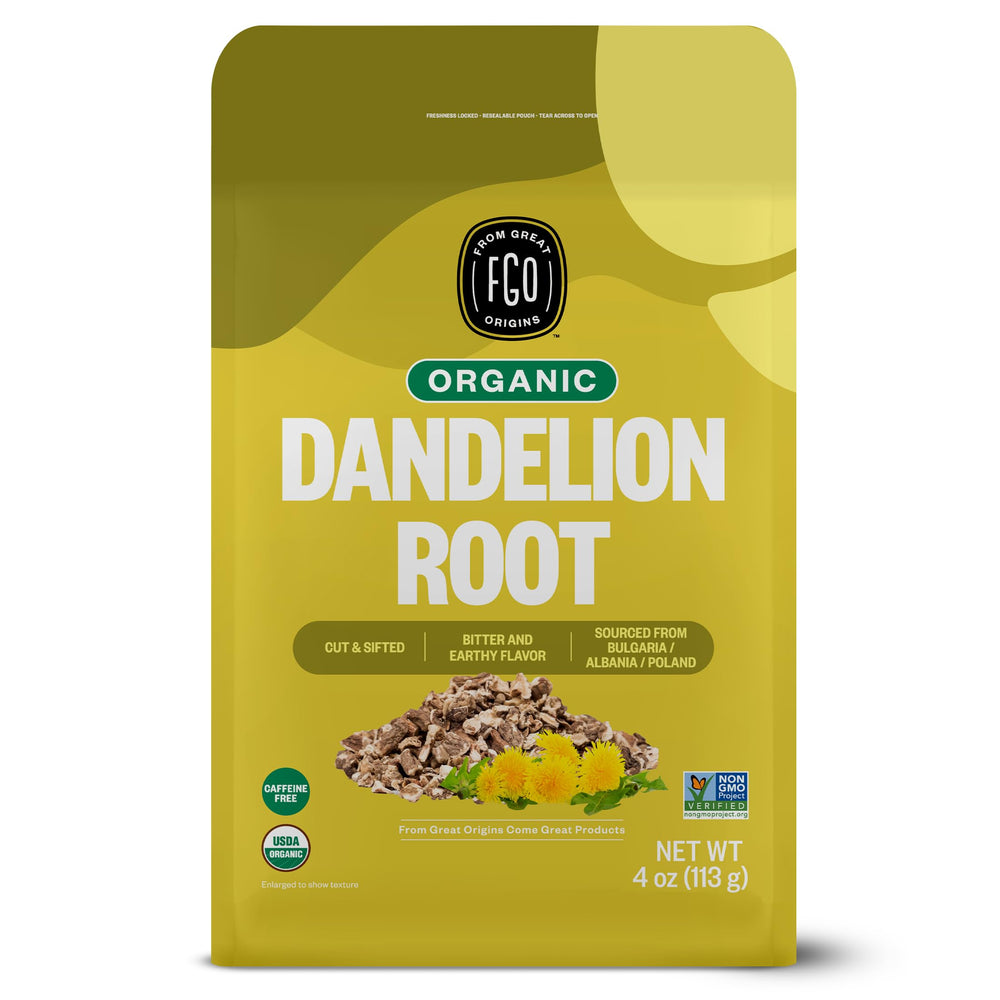 FGO Dandelion Root cut and sifted in bag for easy hot tea preparation.