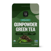 FGO Organic Gunpowder Green Tea bulk bag closeup showing fresh leaves and packaging
