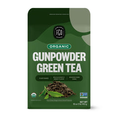 FGO Organic Gunpowder Green Tea bulk bag closeup showing fresh leaves and packaging