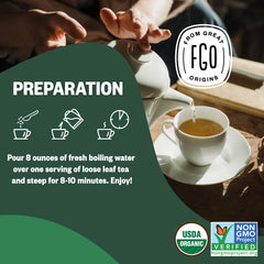 FGO nettle leaf tea from Bulgaria highlights organic origin and earthy notes.