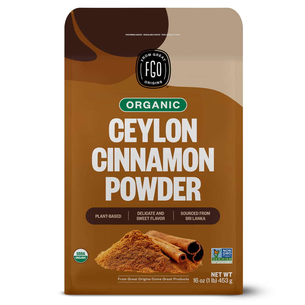 FGO Organic Ceylon Cinnamon powder in a spoon, ideal for baking and spice blends.