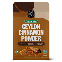 FGO Organic Ceylon Cinnamon powder in a spoon, ideal for baking and spice blends.