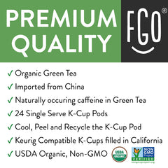 FGO Organic Green Tea K-Cup Pods closeup shows delicate earthy aroma for a calming morning ritual.