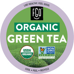 FGO Organic Green Tea K-Cup Pods front-pack view highlights recyclable packaging and premium tea.