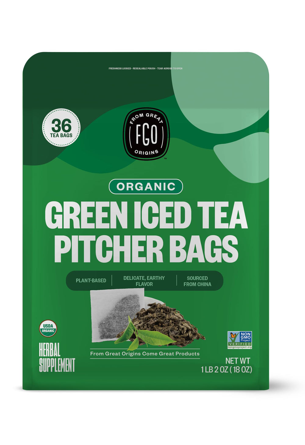 FGO Organic Green Tea bags in eco-friendly packaging for effortless pitcher-style brewing.