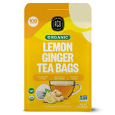 FGO Organic Lemon Ginger Tea bags close-up, vibrant lemon zest aroma for a comforting cup.