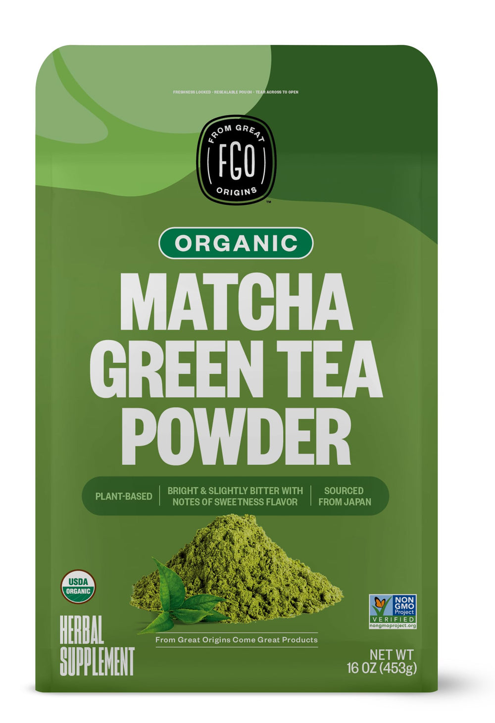 FGO Organic Matcha powder front of resealable bag for freshness.