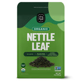 FGO organic nettle leaf tea in a resealable bag showing loose leaves for freshness.