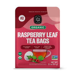 FGO Organic Red Raspberry Leaf Tea bags ready for infusion, caffeine-free herbal delight.