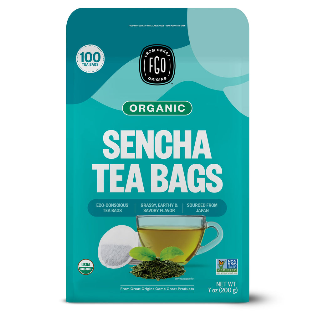 FGO Organic Sencha Green Tea bags in eco-friendly packaging for fresh daily brews.