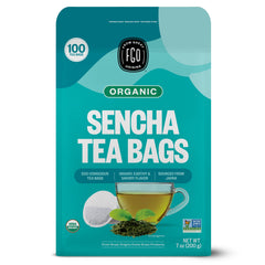 FGO Organic Sencha Green Tea bags in eco-friendly packaging for fresh daily brews.
