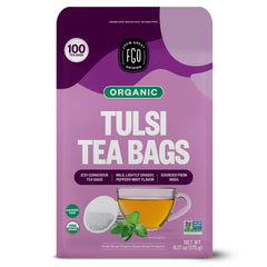 FGO Organic Tulsi tea bags packaging on shelf, eco-friendly choice.