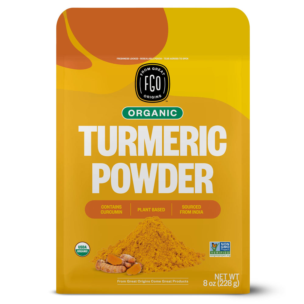 FGO Organic Turmeric Powder 8oz pouch closed, ready to color sauces