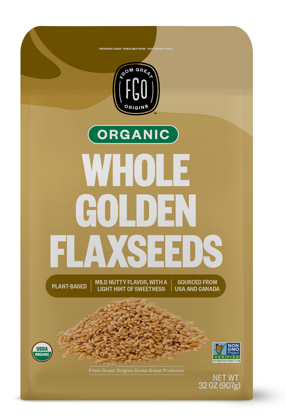 FGO Organic Whole Golden Flax Seeds in bulk bag for baking and sprouting.