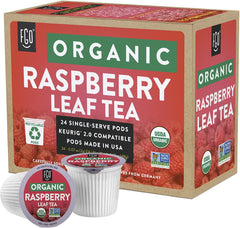 FGO Organic Raspberry Leaf Tea K-Cup Pod close-up showing organic ingredients and label