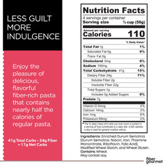Close-up of Fiber Gourmet Light Penne box showing non-GMO and Italian craft.