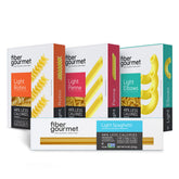 Fiber Gourmet low-carb pasta spaghetti pack showing variety and high fiber content
