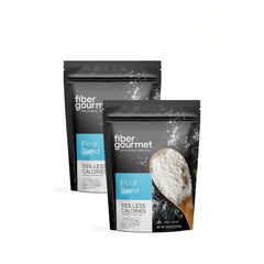 Fiber Gourmet low net carb flour bag two-pack on kitchen counter for keto baking convenience.