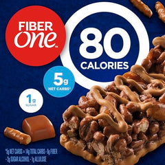 Fiber One 80-calorie chewy bars close-up with chocolate drizzle.
