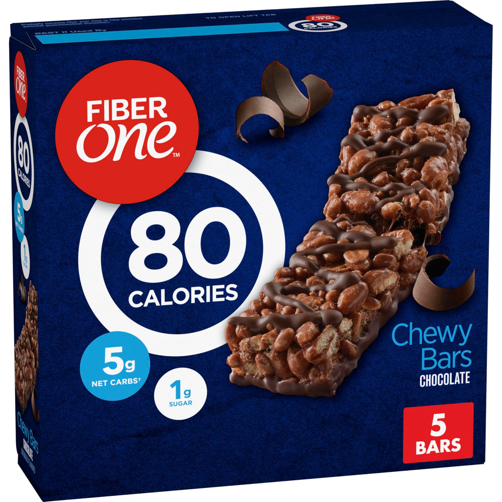 Fiber One 80-Calorie Chocolate Chewy Bars pack, a convenient snack option.
