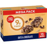 Fiber One Chewy Bars box front showing oats and chocolate flavor for a quick snack.