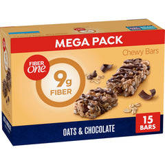 Fiber One Chewy Bars box front showing oats and chocolate flavor for a quick snack.