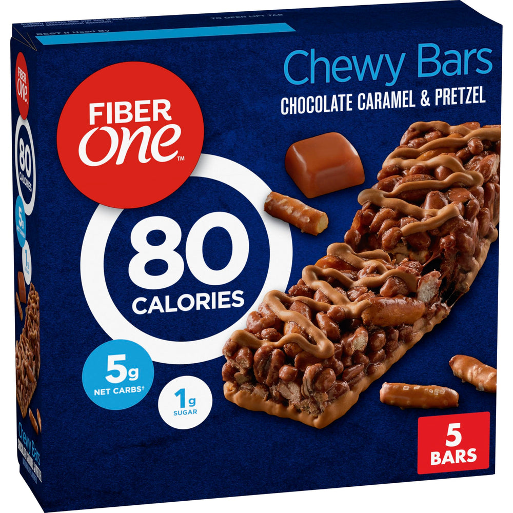 Fiber One chocolate caramel pretzel bar pack for on-the-go snacking.
