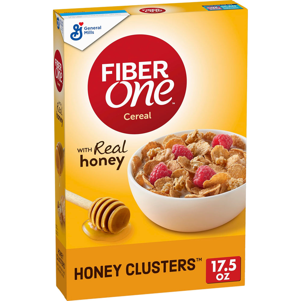 Fiber One Honey Clusters cereal box front shows real honey clusters for fiber-rich breakfast.