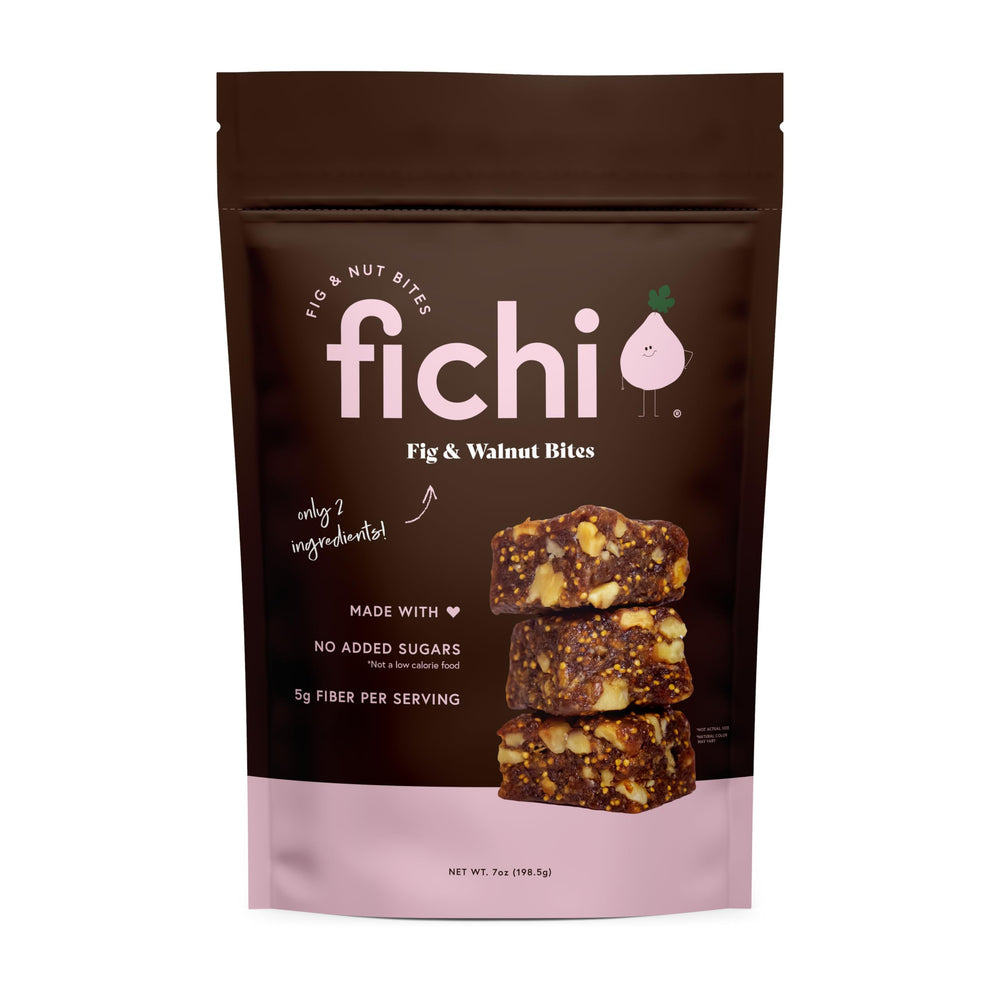 Fichi Fig and Nut Bites pack shot highlighting gluten-free, vegan convenience.