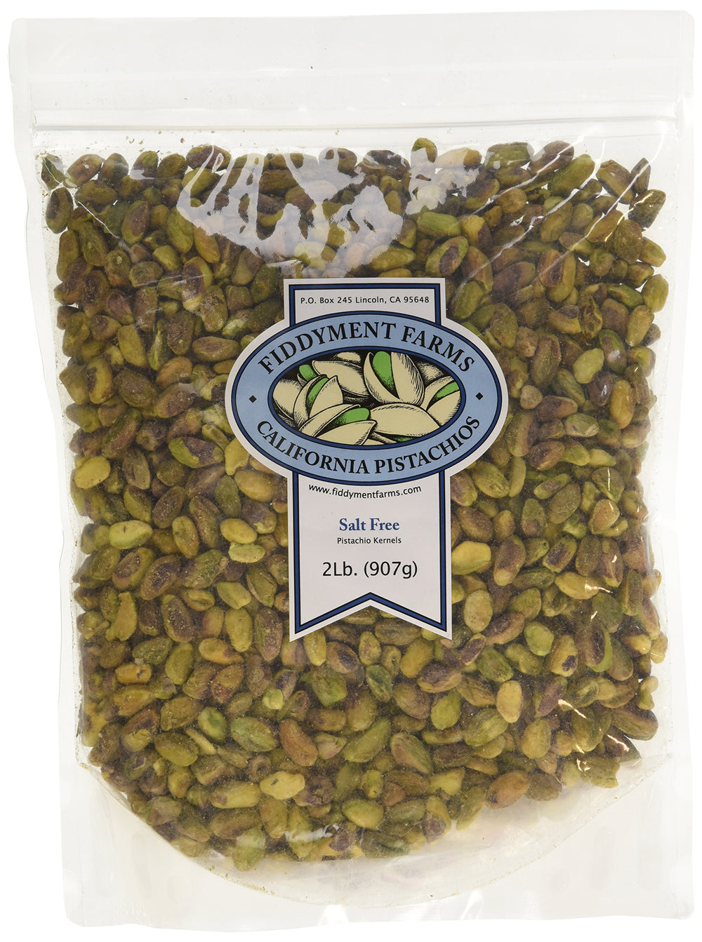 Fiddyment Farms 2lb unsalted pistachio kernels in a resealable bag for freshness