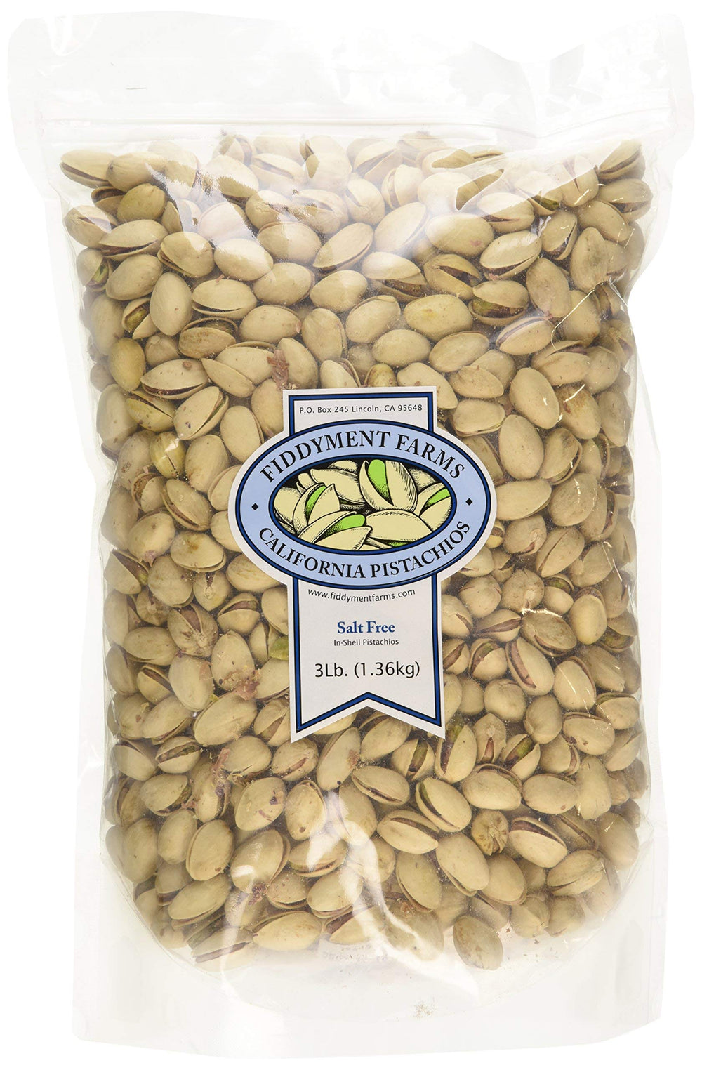 Fiddyment Farms Pistachios 3lb bag, unsalted in-shell, gluten-free snack.